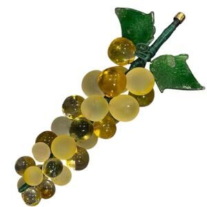 Vintage MCM Glass Yellow Frosted & Clear Grape Cluster Bunch 5" Decor**